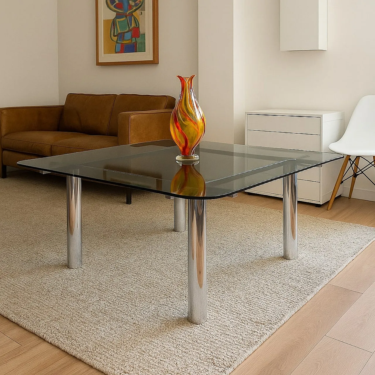 Tavolo quadrato in vetro con base in metallo cromato, anni '80 2