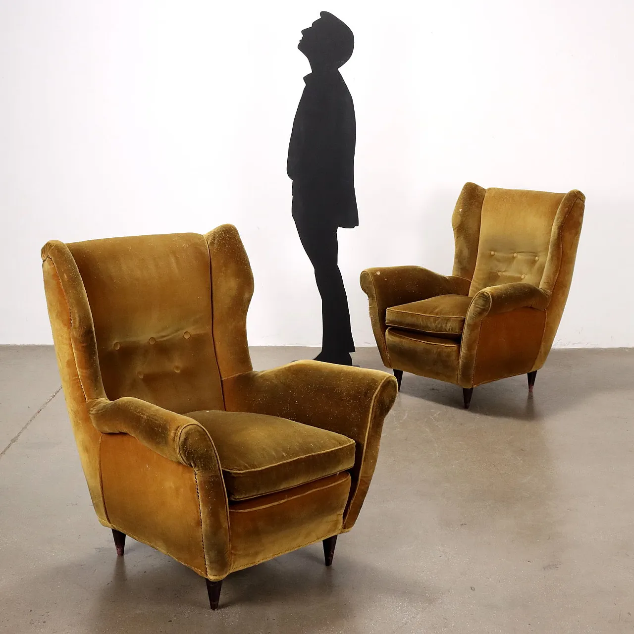 Pair of Bergère brown velvet armchairs in original fabric, Italy 1950s 2