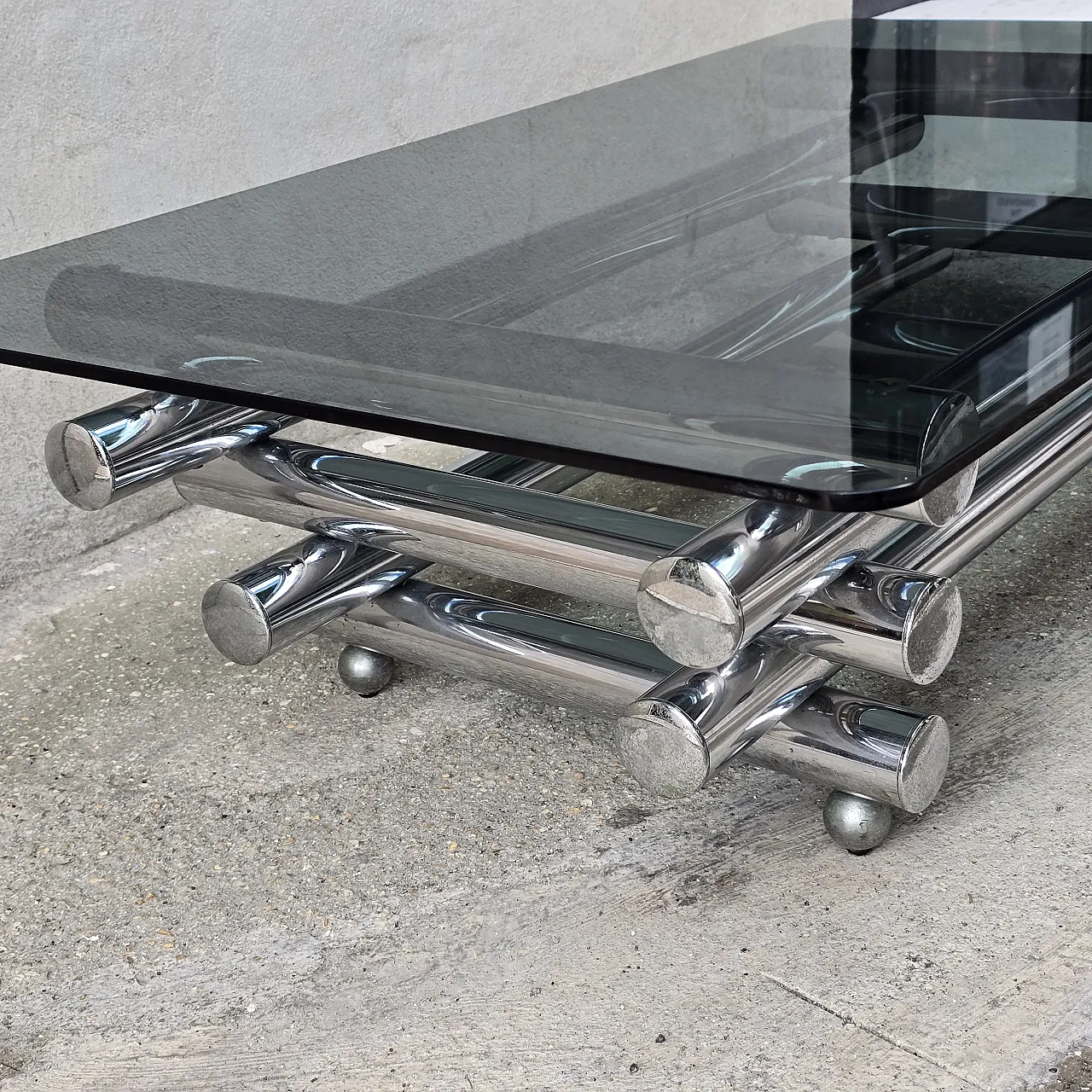 Modern coffee table in glass and chromed steel, 1970s 5