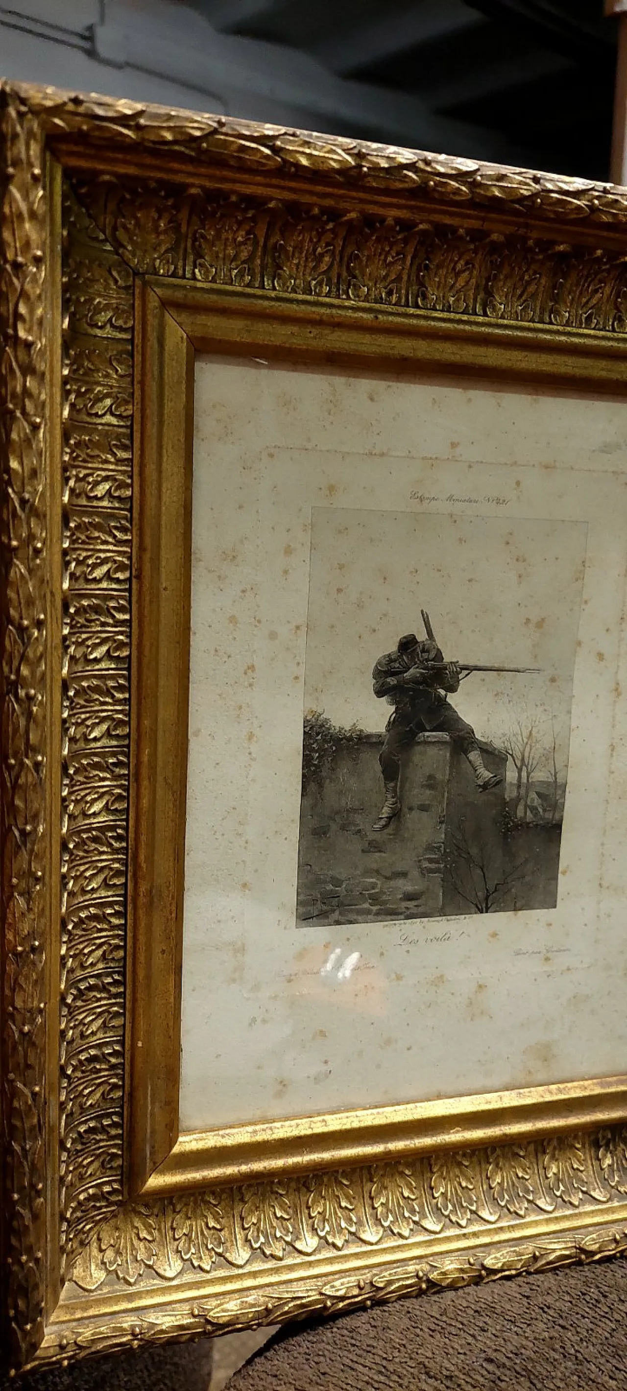 Cornice in pastiglia dorata con stampa di soldato, primo '900 4