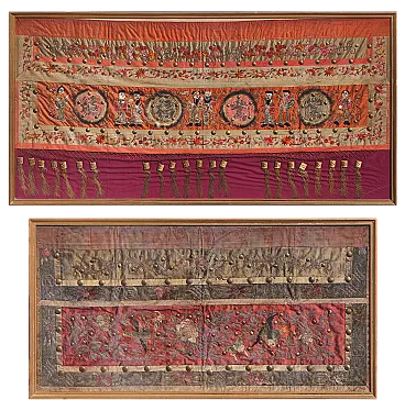 Coppia di tessuti cerimoniali cinesi in seta ricamata, '800