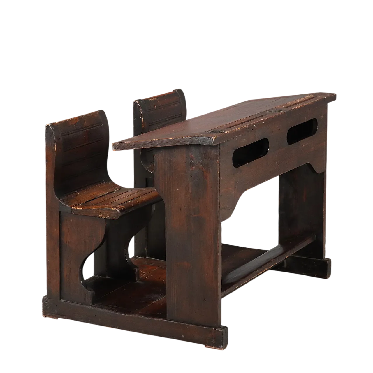 Banco scuola in larice tinto noce con due sedili ribaltabili, '800 11