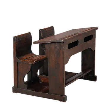 Banco scuola in larice tinto noce con due sedili ribaltabili, '800