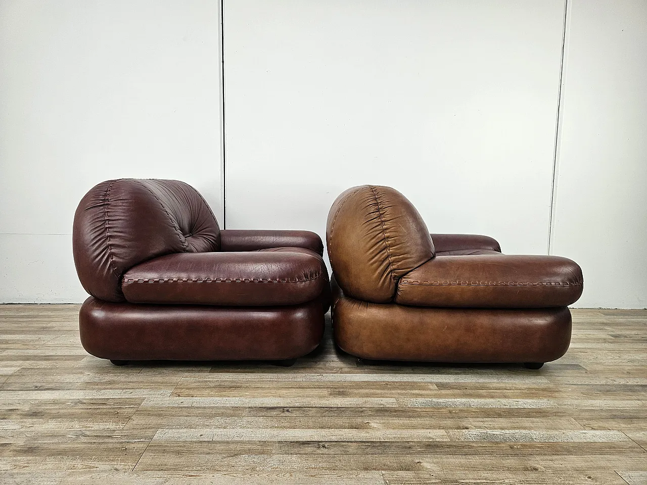 Sapporo armchairs by Mobilgirgi in 1970s brown leather 2