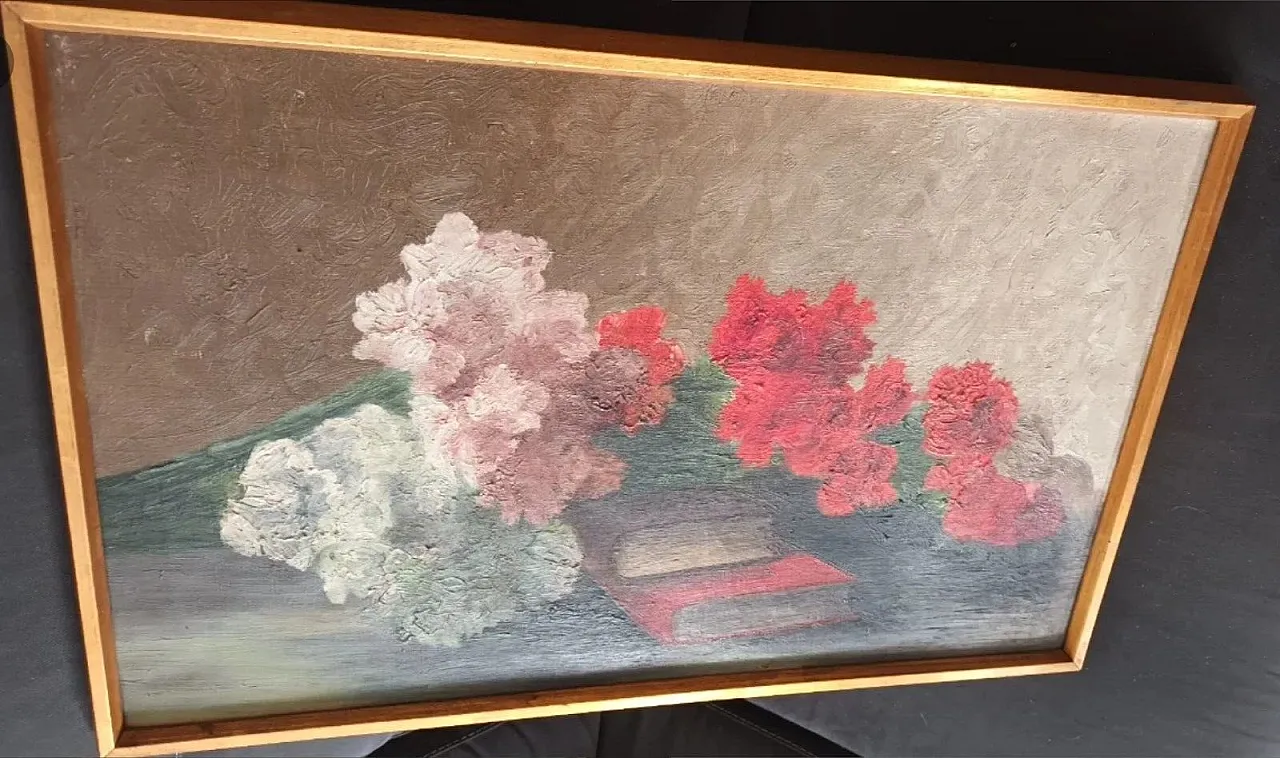 Still life, oil painting, bouquet of flowers and books, 20th century 2