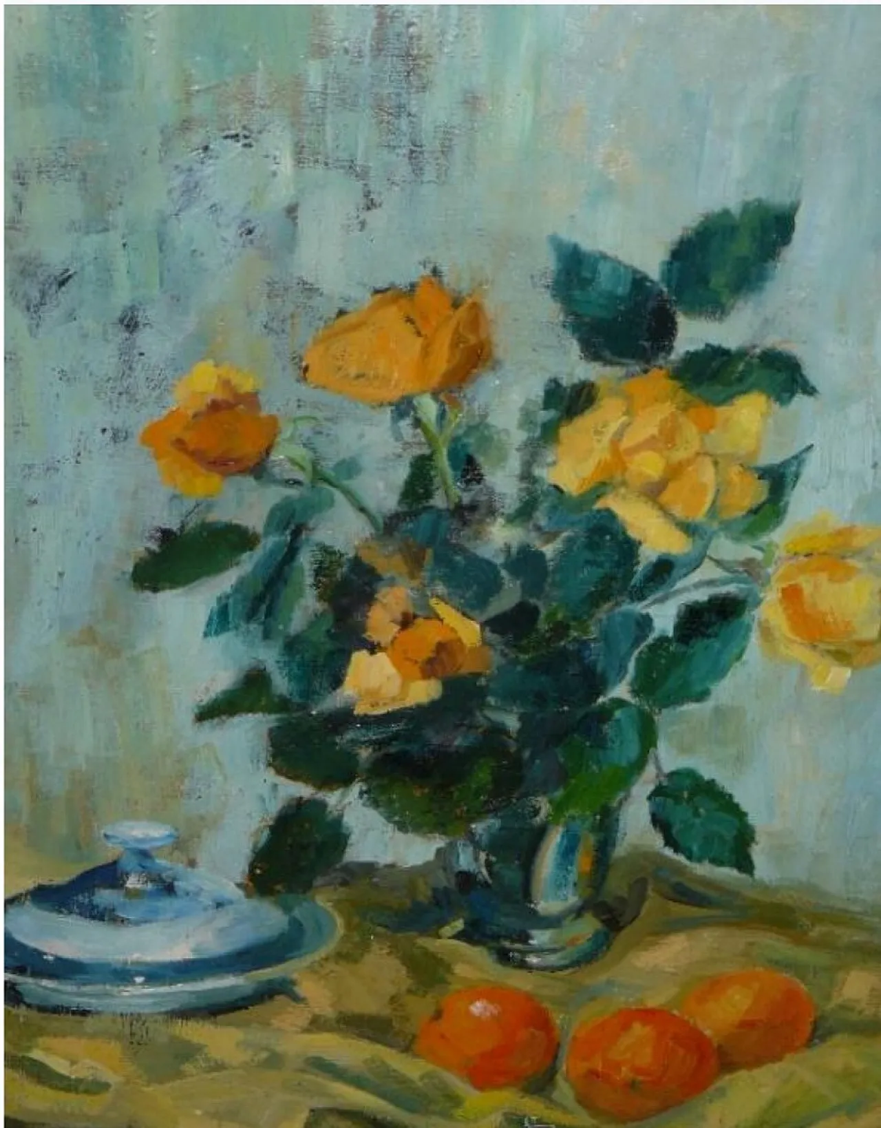 Still life oil painting bouquet of flowers and fruits, 20th century 1