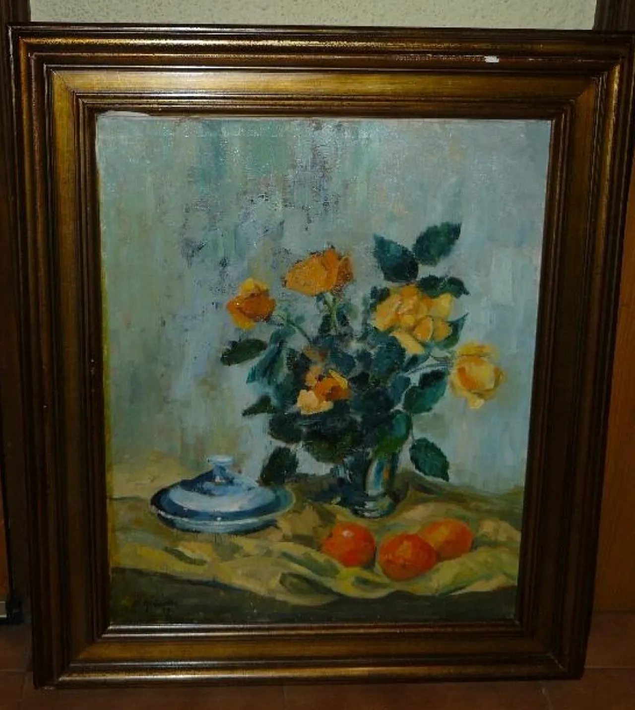 Still life oil painting bouquet of flowers and fruits, 20th century 2
