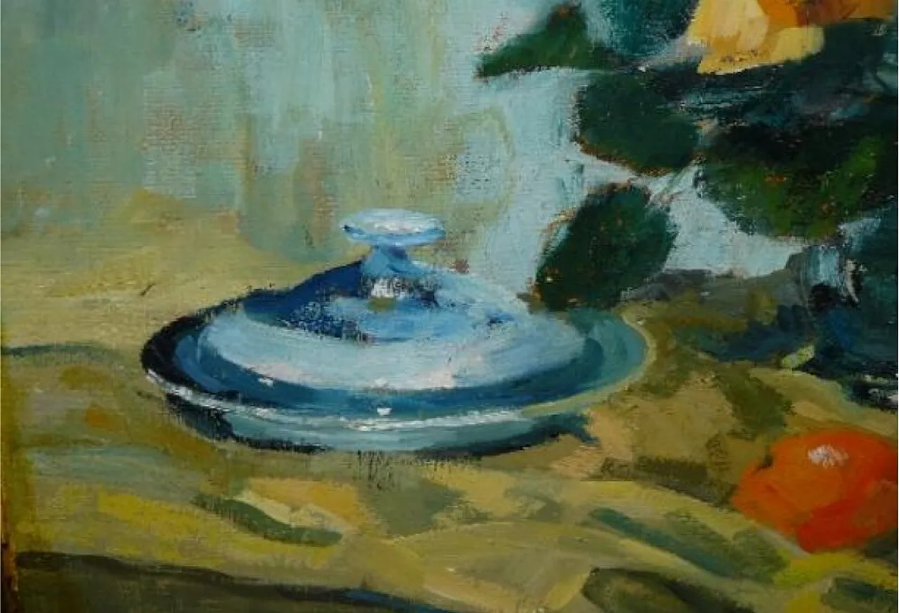 Still life oil painting bouquet of flowers and fruits, 20th century 3