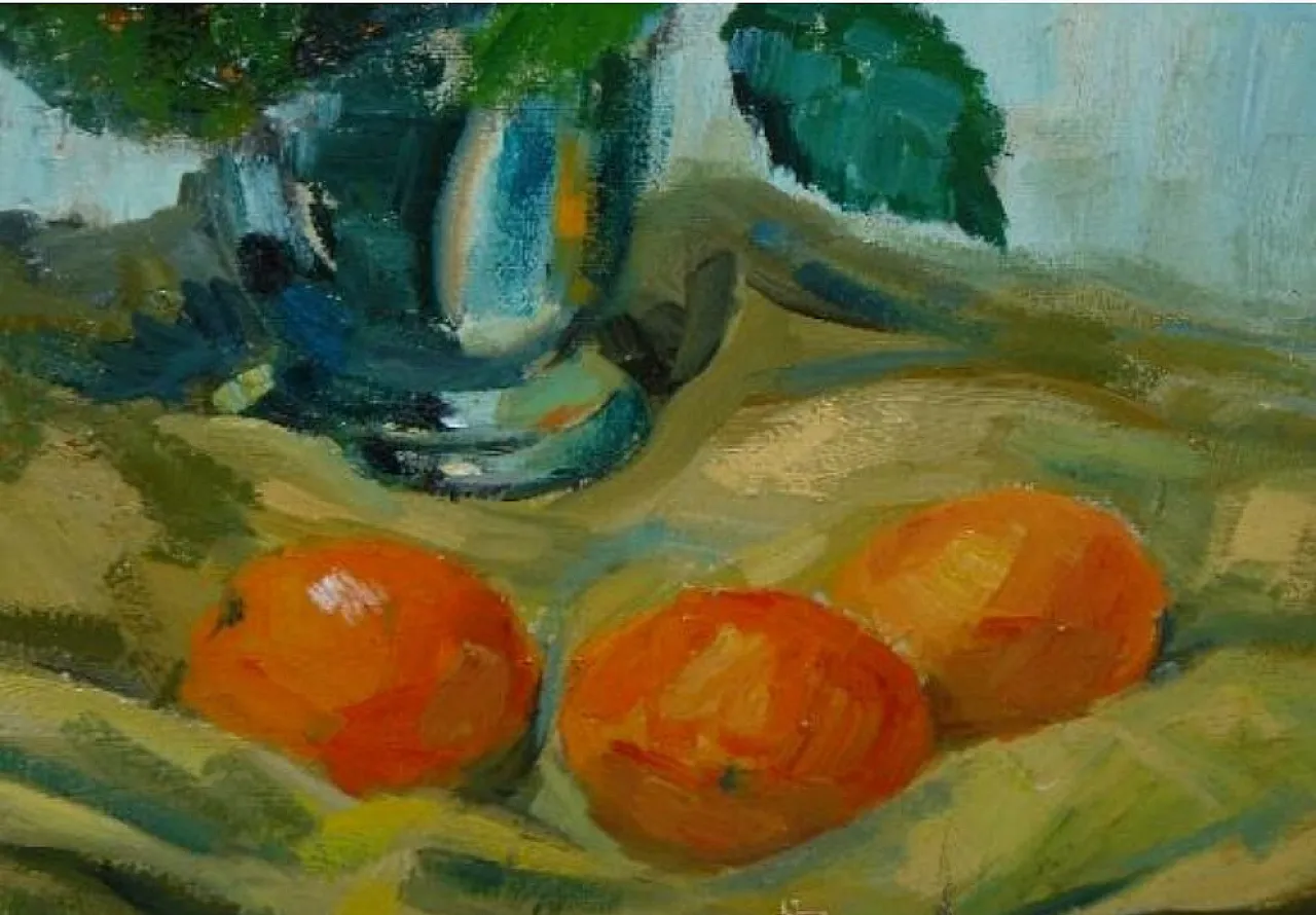 Still life oil painting bouquet of flowers and fruits, 20th century 5