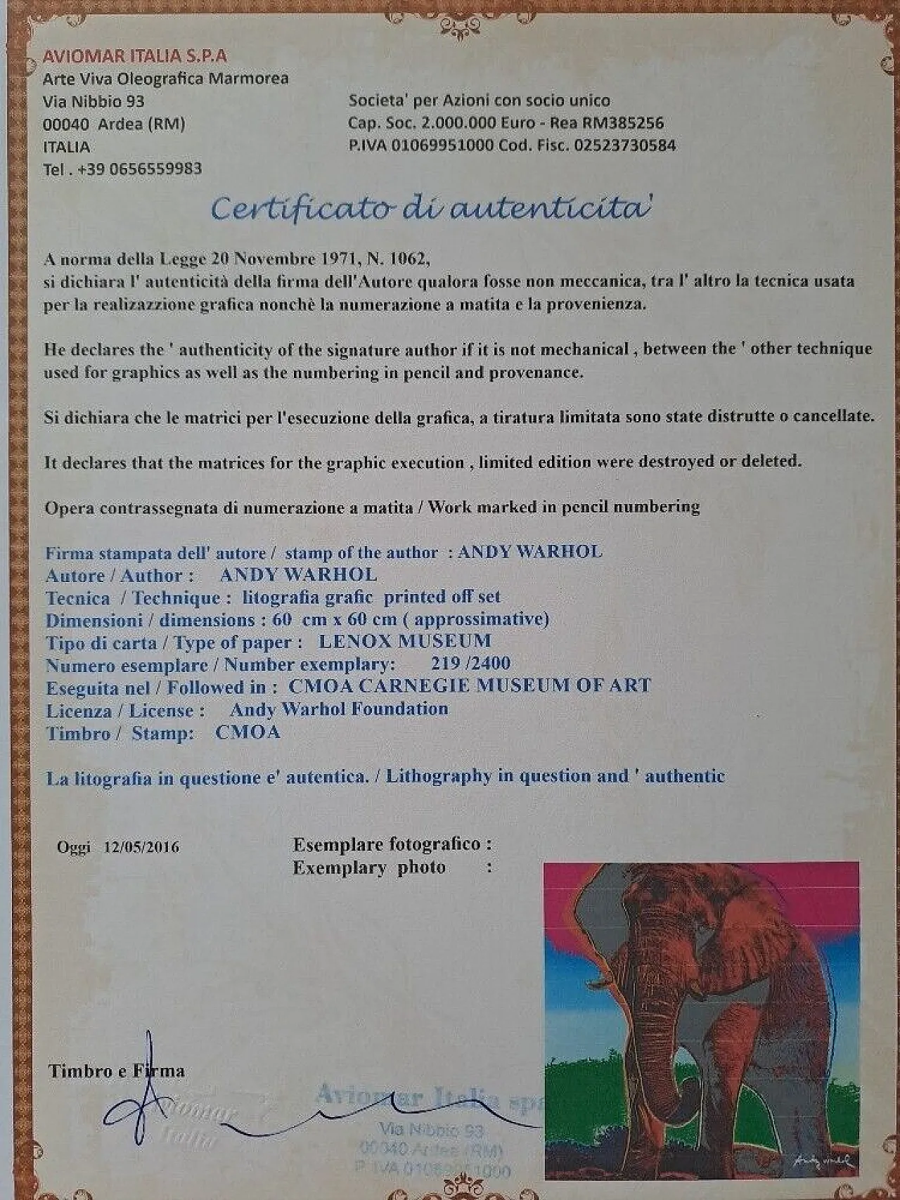 Elefante di Andy Warhol, litografia in edizione limitata, anni '80 2