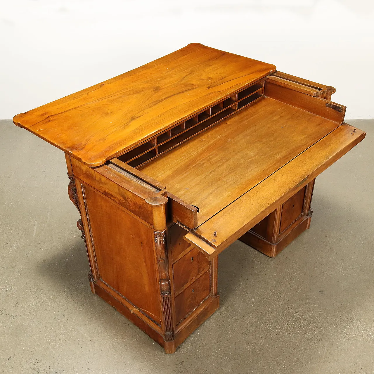 Scrittoio Luigi Filippo in legno con 8 cassetti, '800 3