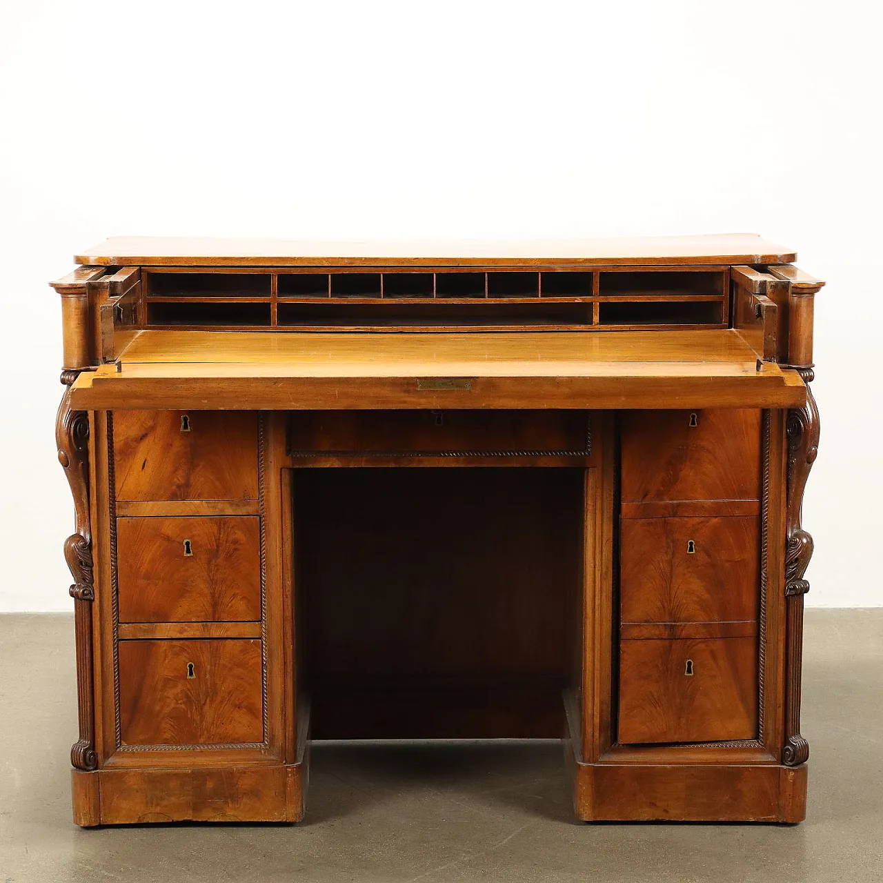 Scrittoio Luigi Filippo in legno con 8 cassetti, '800 4