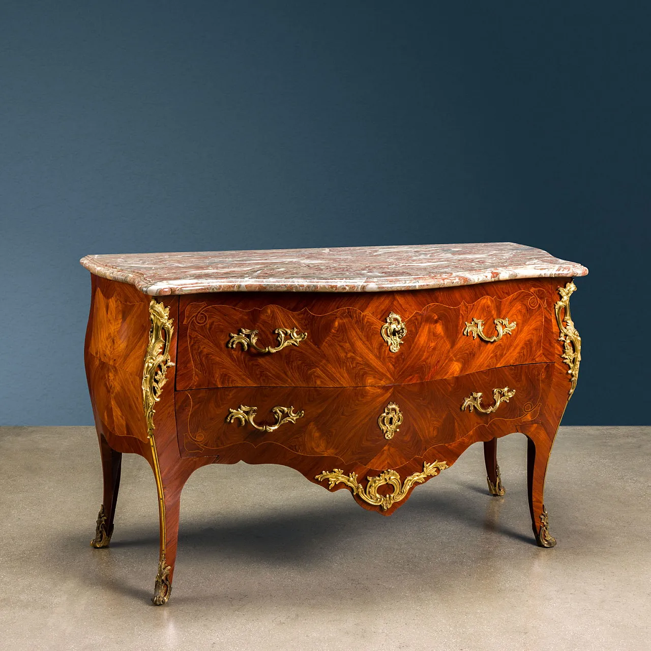 Commode with 2 drawers in bois de rose, marble & bronze, 18th century 1