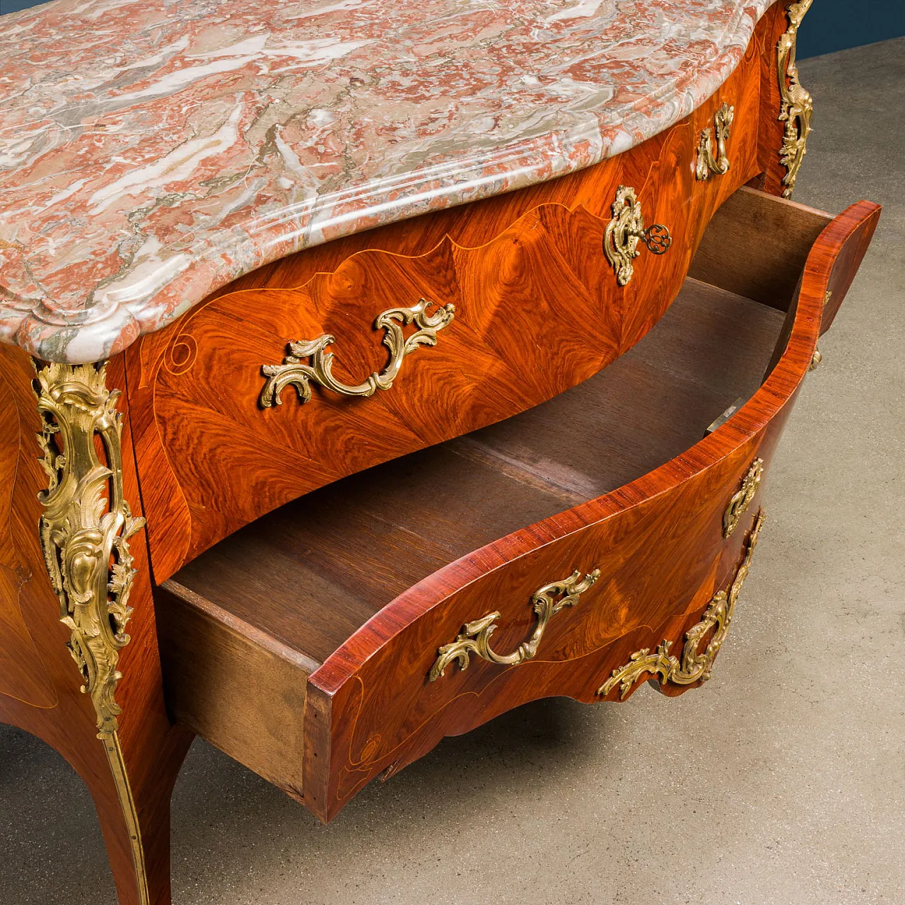 Commode with 2 drawers in bois de rose, marble & bronze, 18th century 3