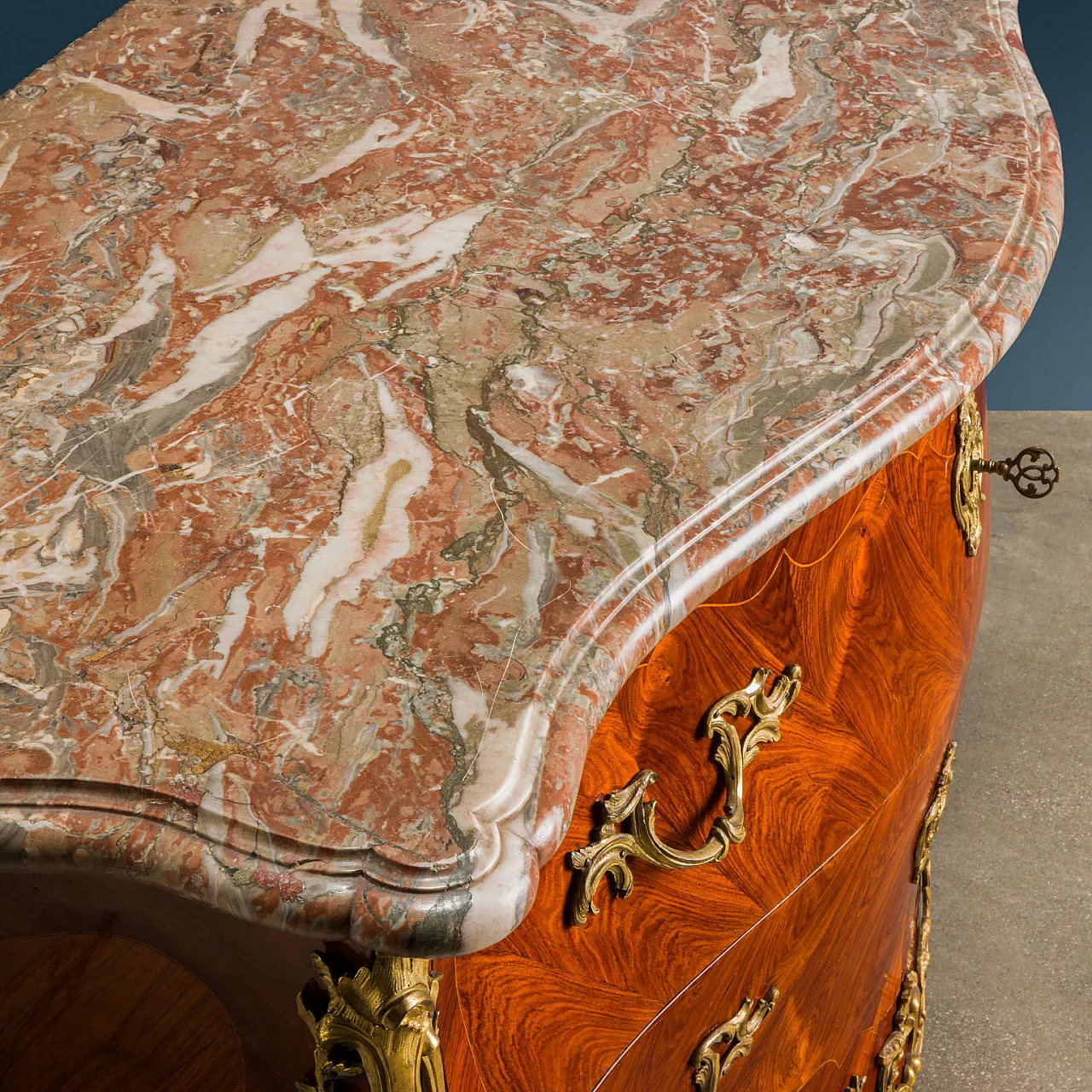 Commode with 2 drawers in bois de rose, marble & bronze, 18th century 4
