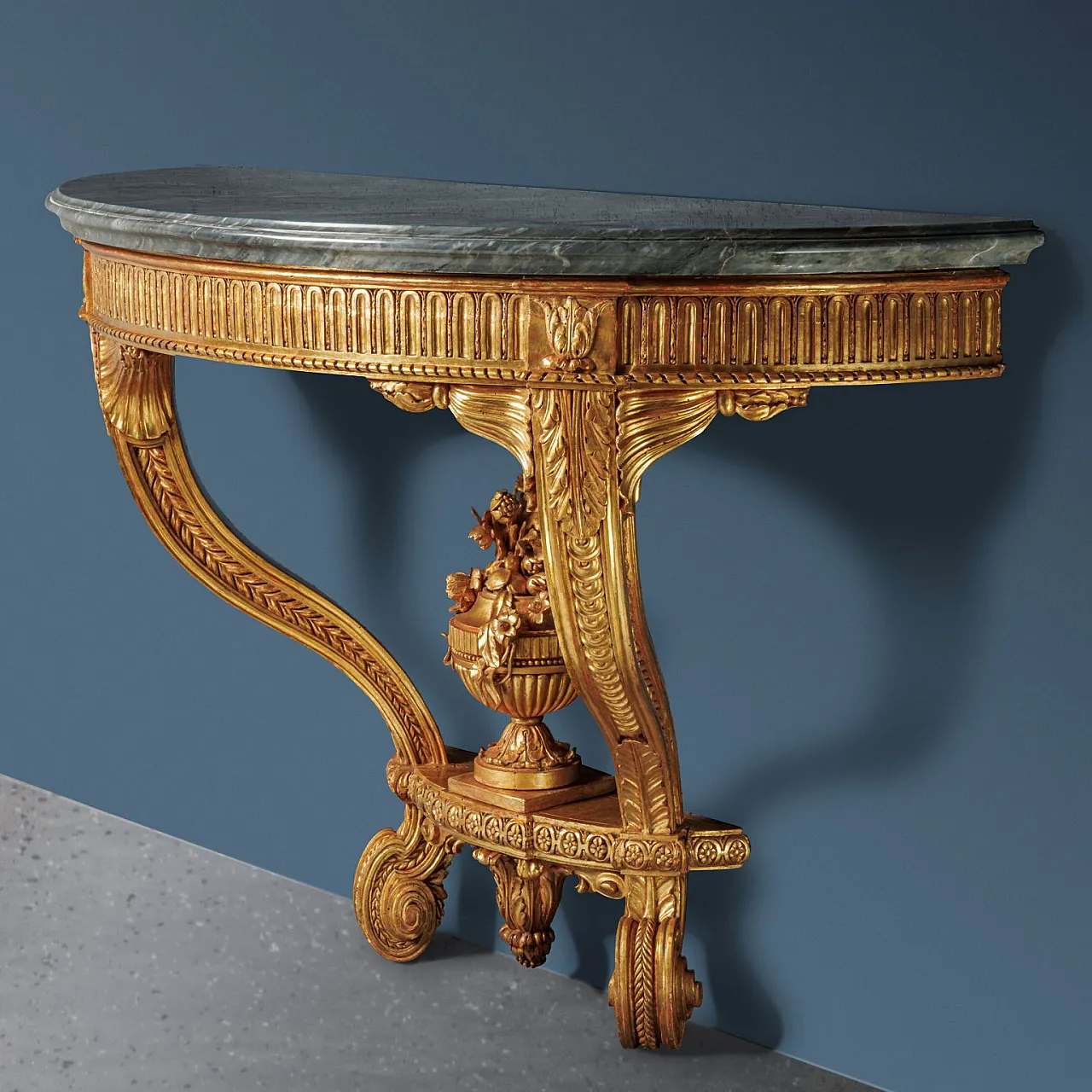 Demi lune gilded console with marble top, beginning 19th century 7