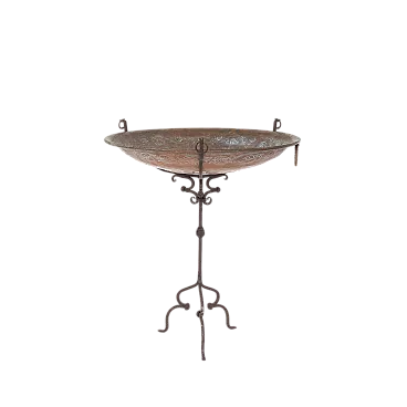 Piatto decorativo in rame con struttura in ferro battuto, anni '50