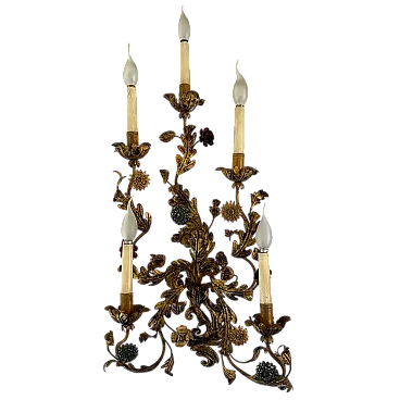 Applique in ferro dorato con foglie e fiori modellati a mano, anni '50