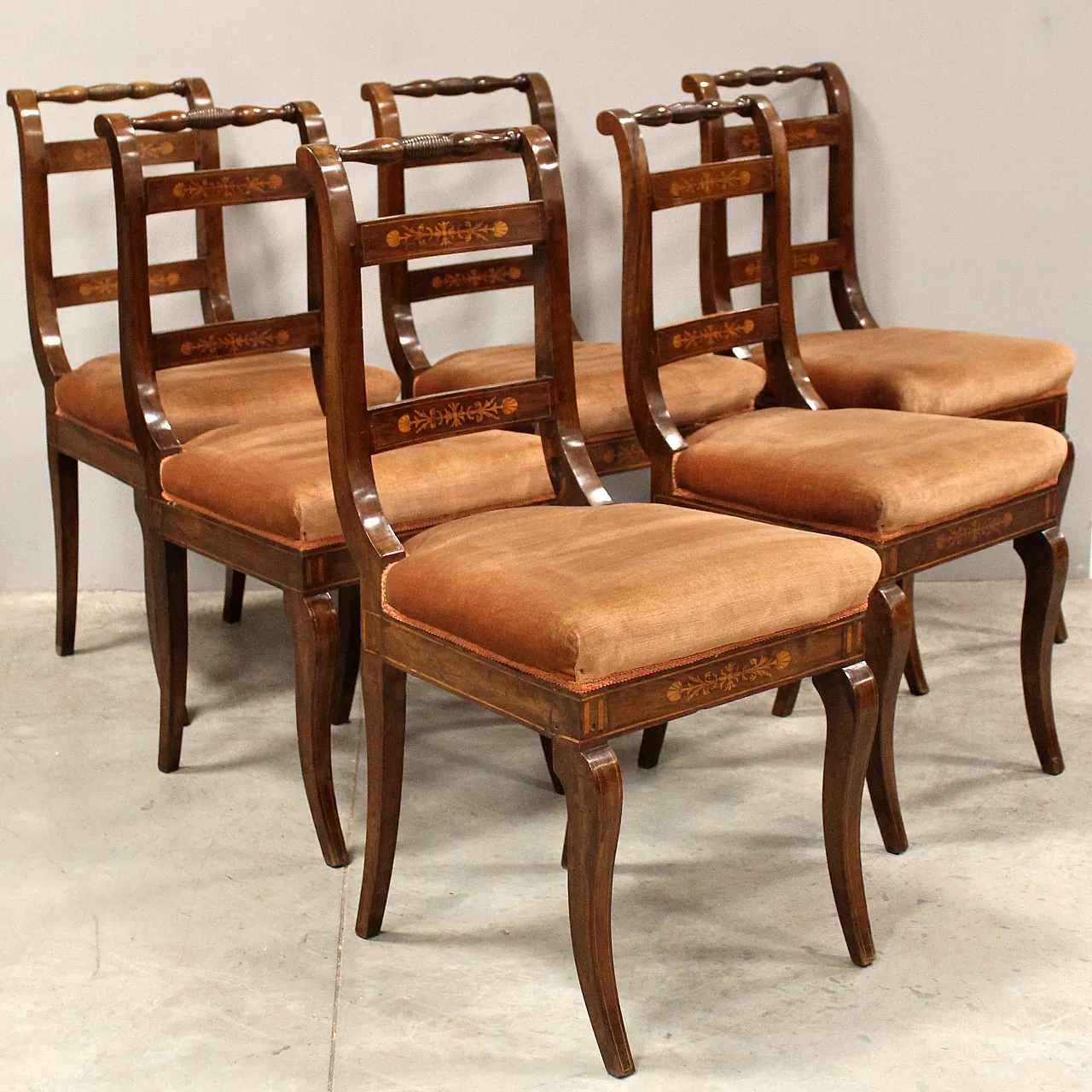 Set of 6 Carlo X chairs in 19th century Italian inlaid walnut 1