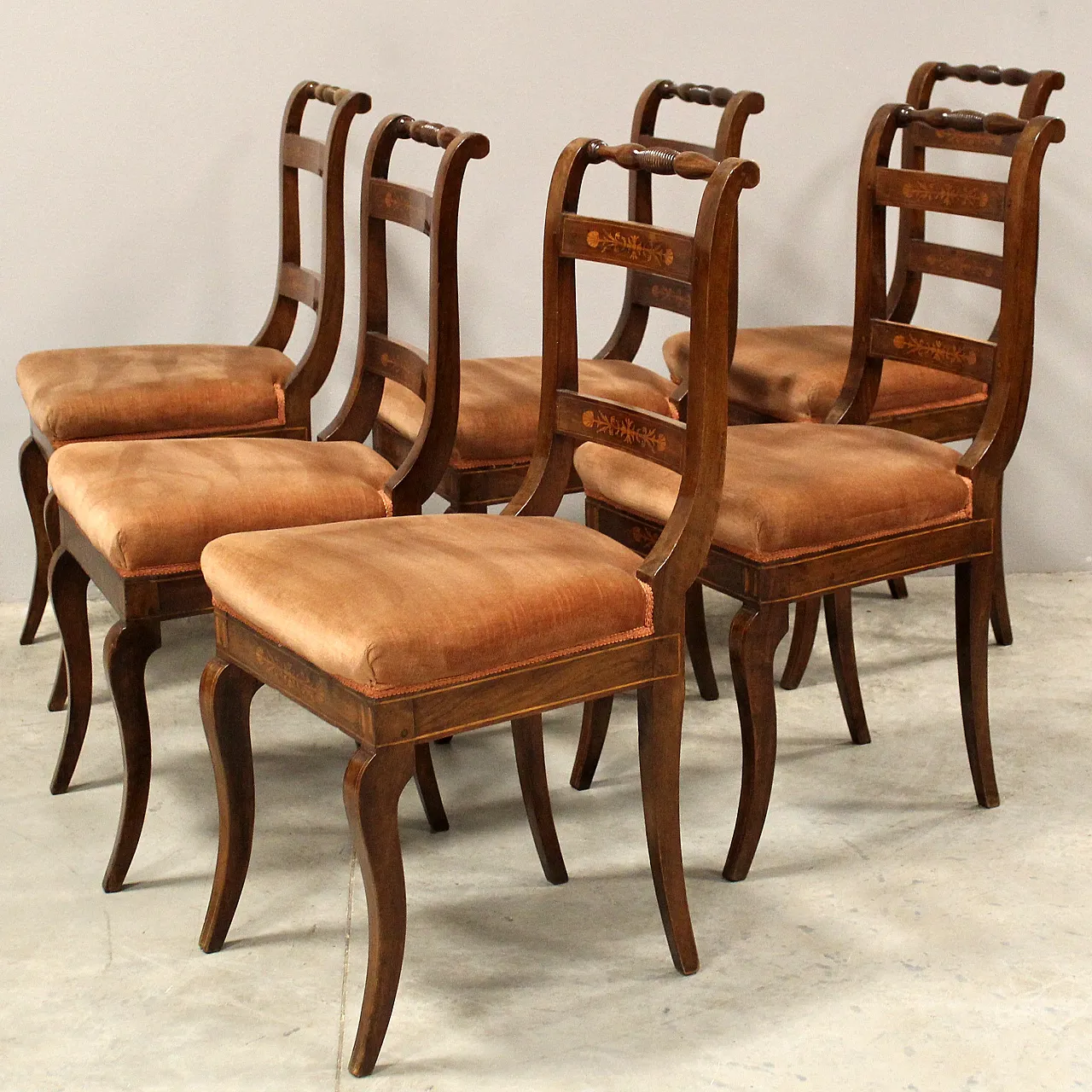 Set of 6 Carlo X chairs in 19th century Italian inlaid walnut 3