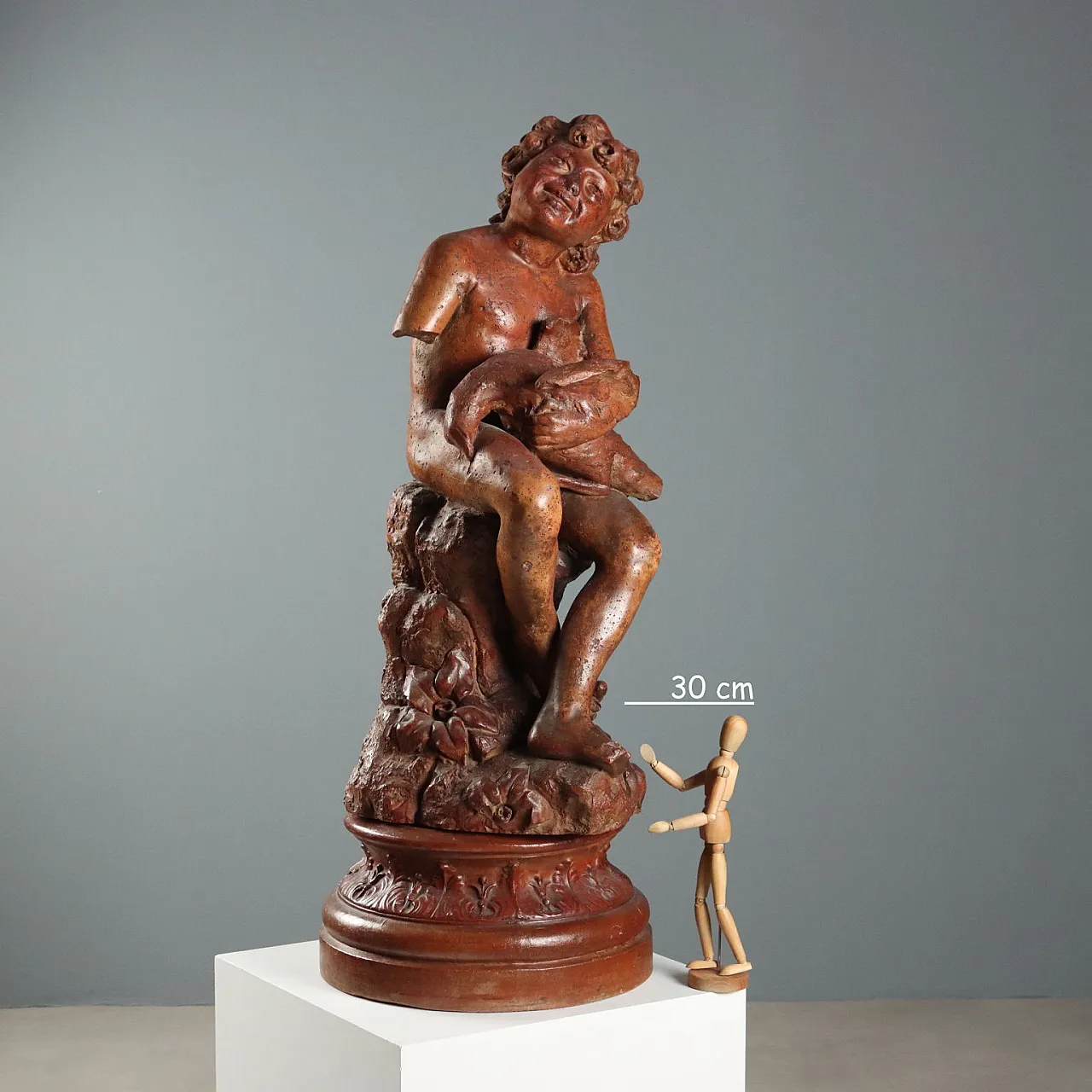 Patinated terracotta sculpture depicting boy with dove, 20th century 3