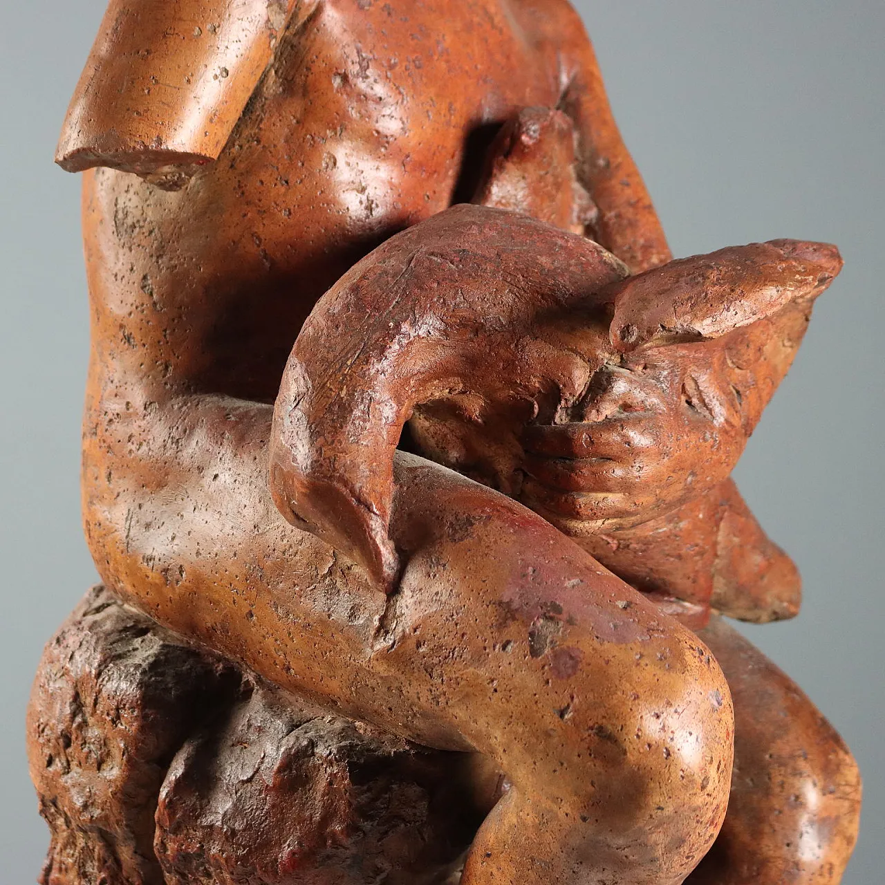 Patinated terracotta sculpture depicting boy with dove, 20th century 5
