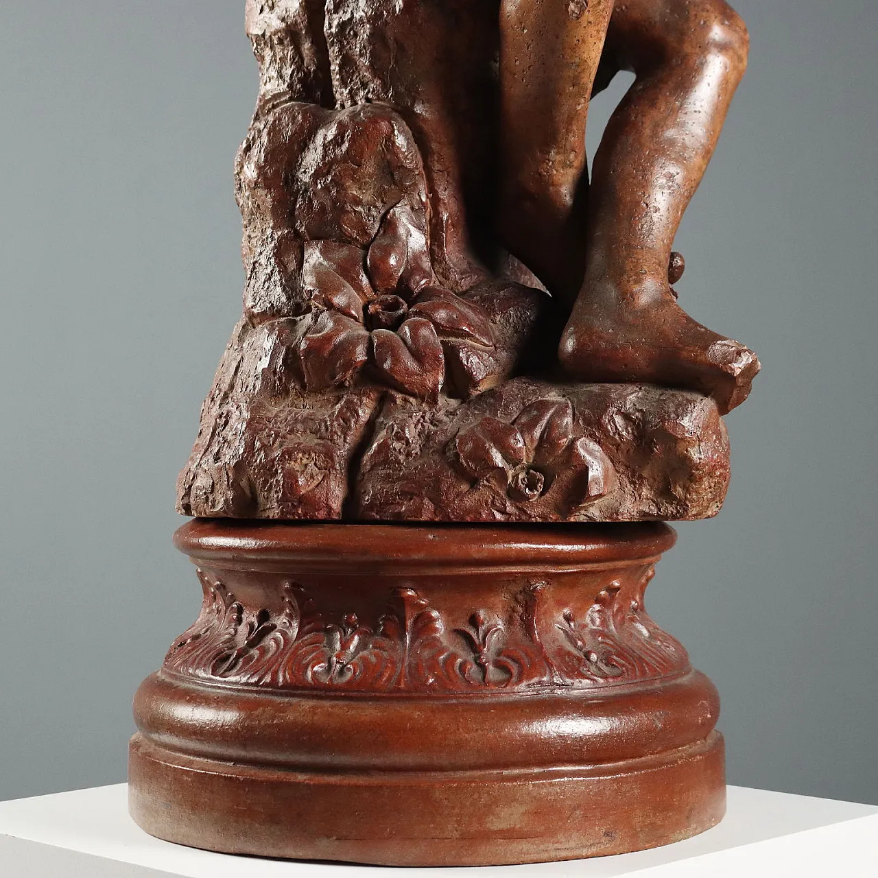 Patinated terracotta sculpture depicting boy with dove, 20th century 7