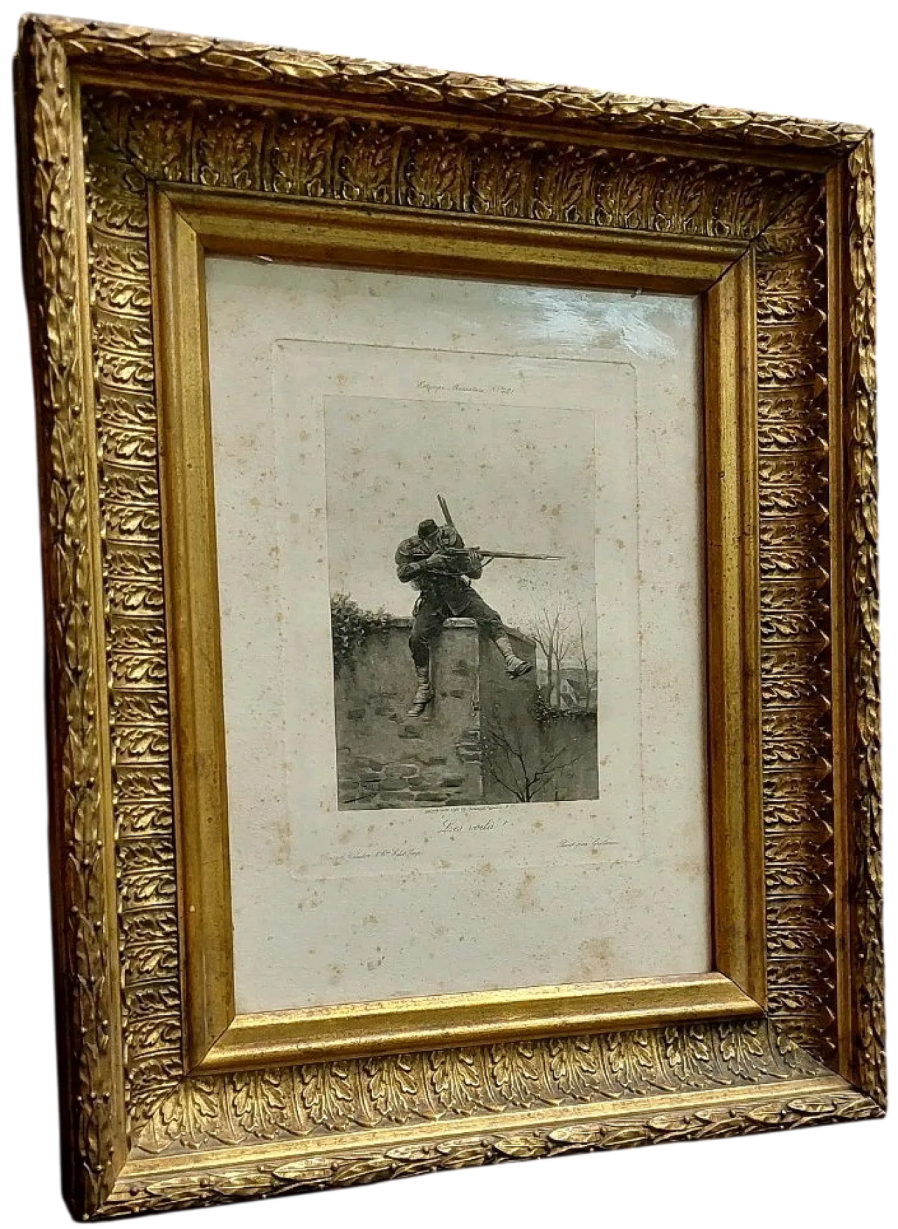 Cornice in pastiglia dorata con stampa di soldato, primo '900 12