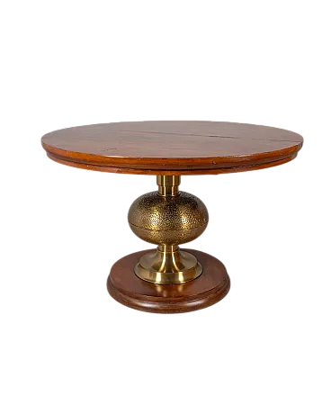 Tavolo rotondo in legno e ottone, anni '60