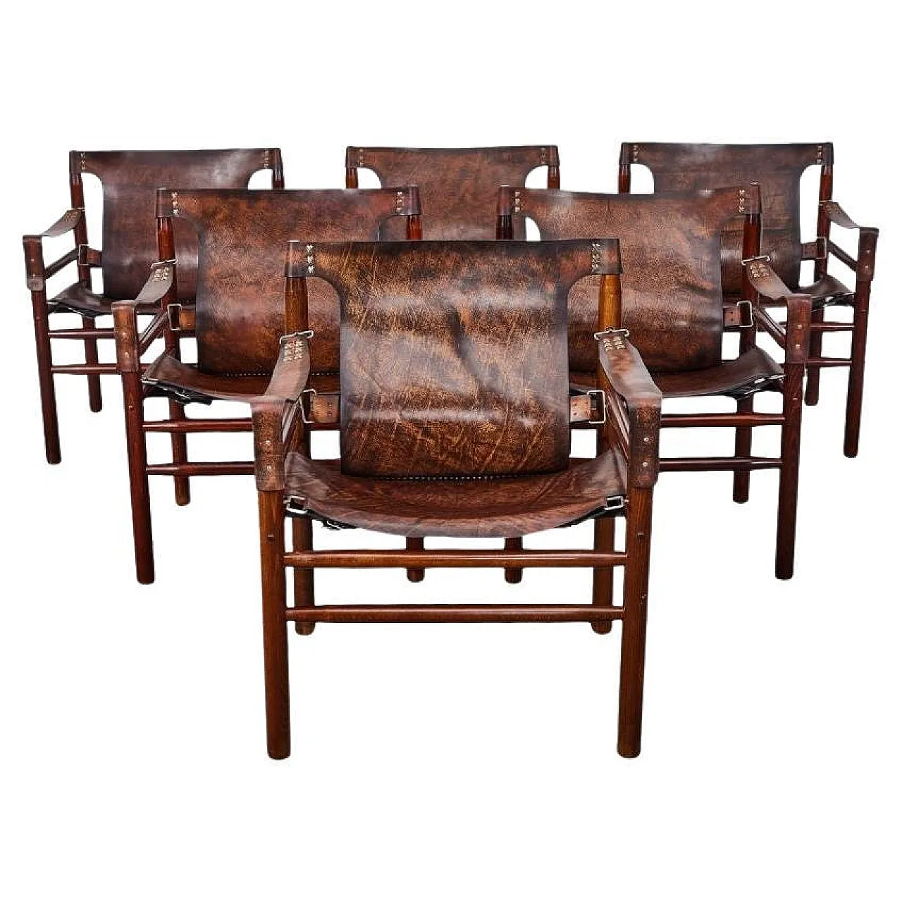 6 poltrone Safari in pelle di bufalo stile di Arne Norell, anni '70 1