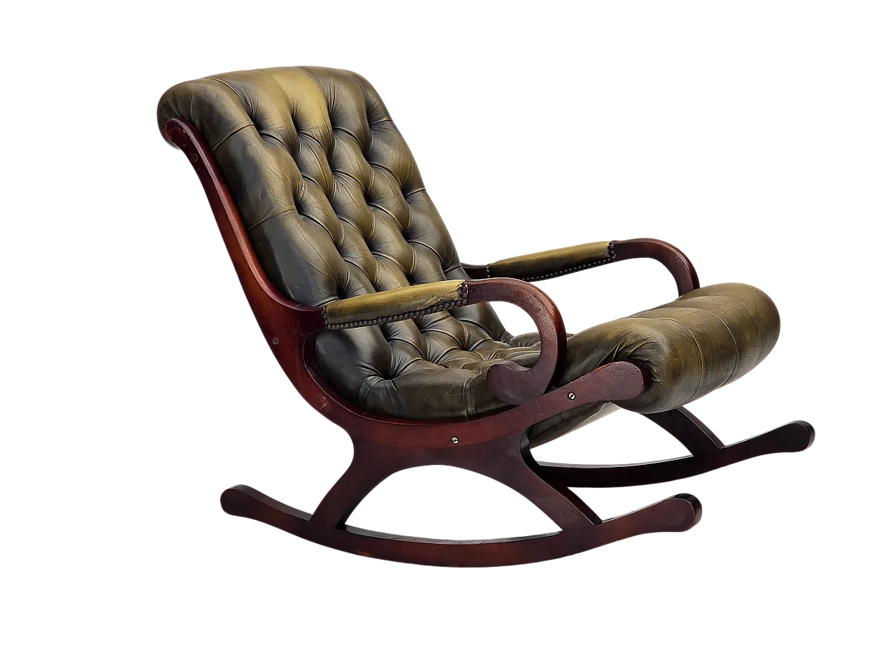 Sedia a dondolo Chesterfield, in pelle verde, anni '50 20