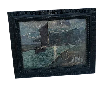 Stampa entro cornice Paesaggio fluviale notturno, anni '20