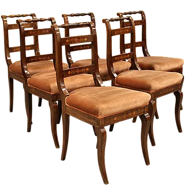 Set di 6 sedie Carlo X in noce intarsiate Italia '800
