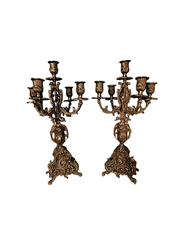 Coppia Candelabri a Bronzo Cesellati a Cinque Candele, anni '20