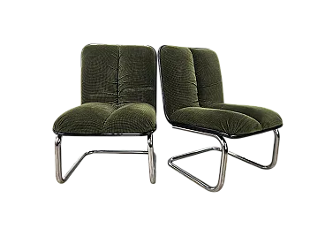 Coppia di sedie in metallo cromato e stoffa verde di Cazzaro, anni '70