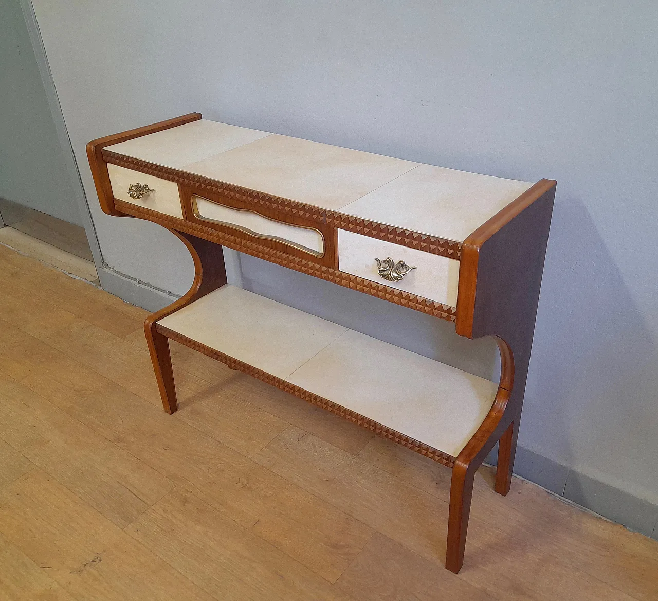 Hall console in cherry wood and parchment Buffa style, 1950s 1