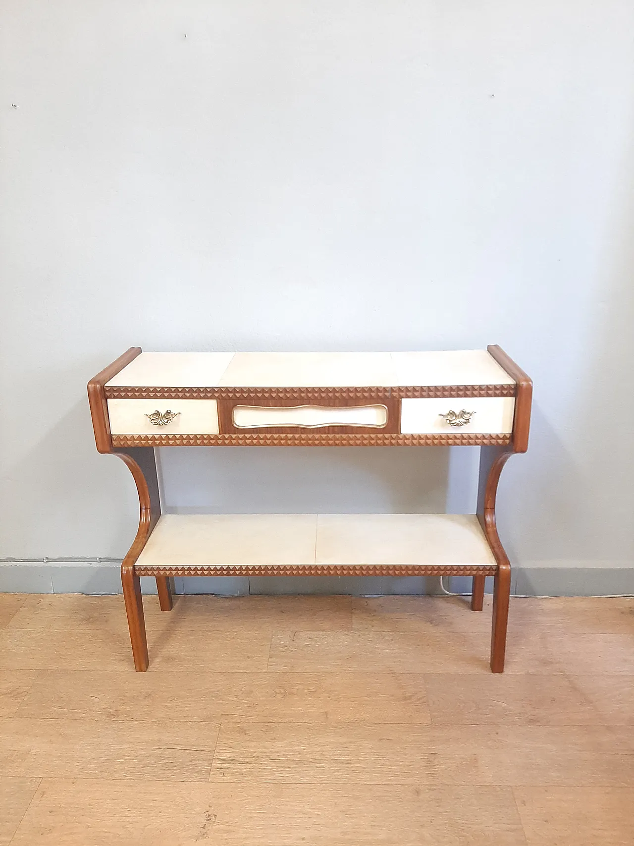 Hall console in cherry wood and parchment Buffa style, 1950s 3