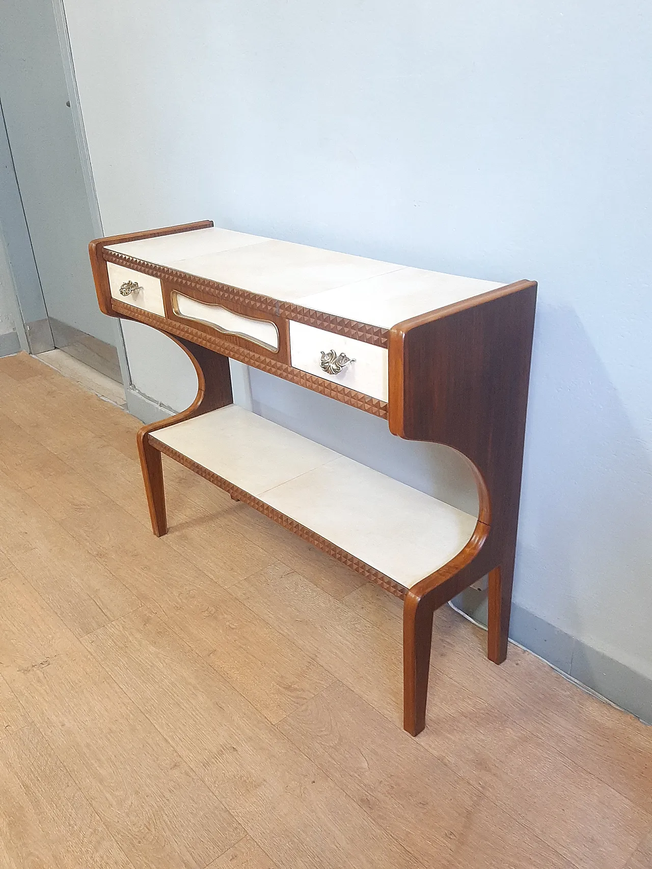 Hall console in cherry wood and parchment Buffa style, 1950s 4