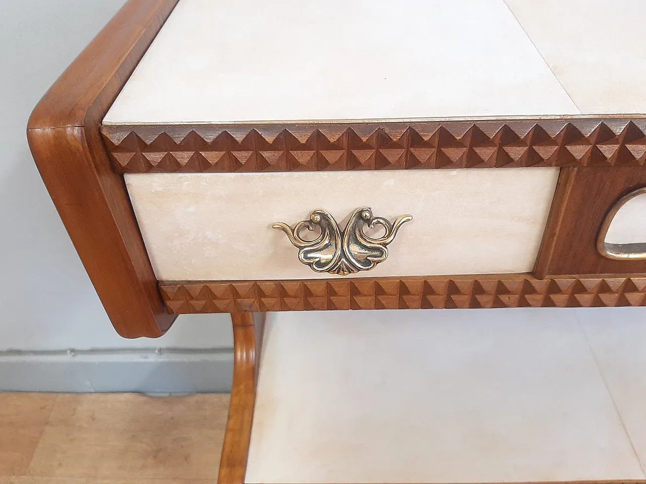 Hall console in cherry wood and parchment Buffa style, 1950s 9