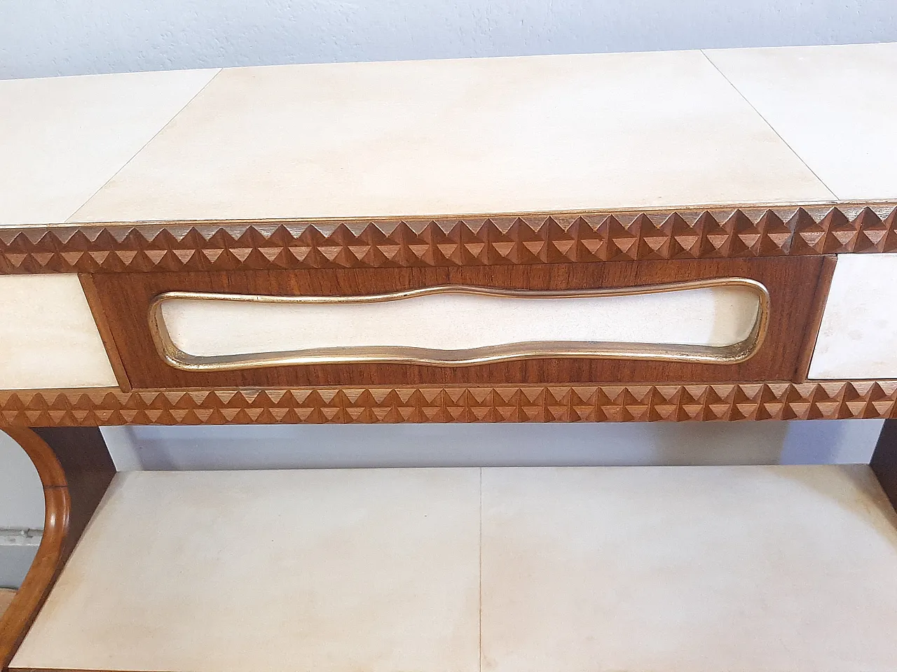 Hall console in cherry wood and parchment Buffa style, 1950s 10