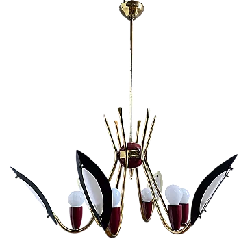 Lampadario a 6 luci in ottone dorato e metallo laccato, anni '50