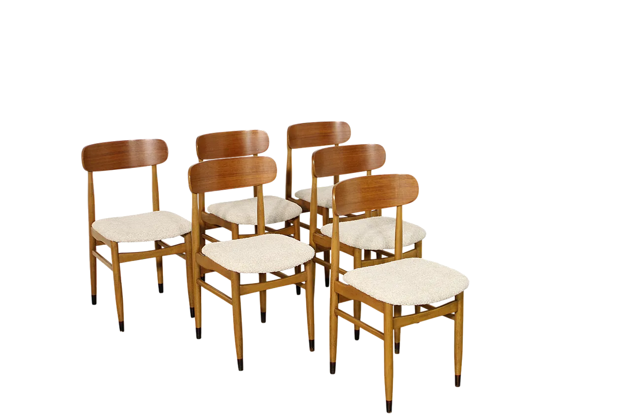 6 chairs in beech beige bouclé, 1960s 8