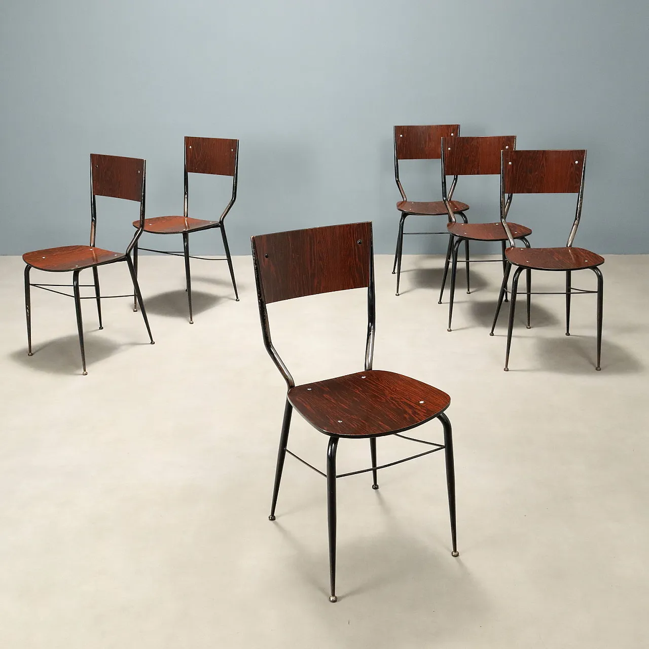 6 Sedie in metallo smaltato nero e laminato, '900 1