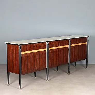 Credenza in legni esotici, inserti in laminato e ottone, '900