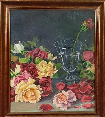Still life, oil painting of pink flowers, 20th century
