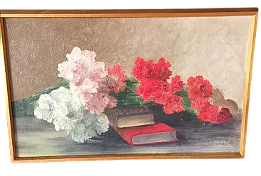 Still life, oil painting, bouquet of flowers and books, 20th century