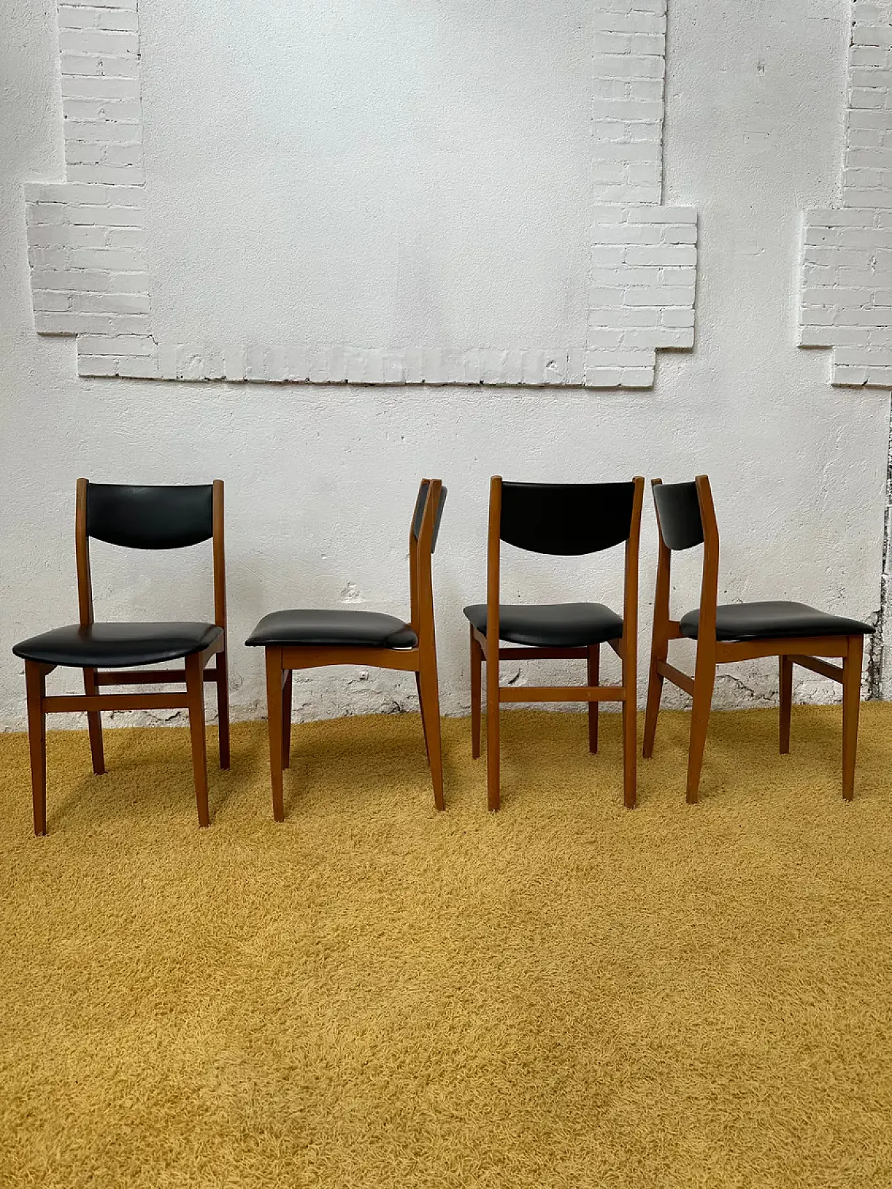 4 Scandinavian chairs in teak and black imitation leather,20th century 2
