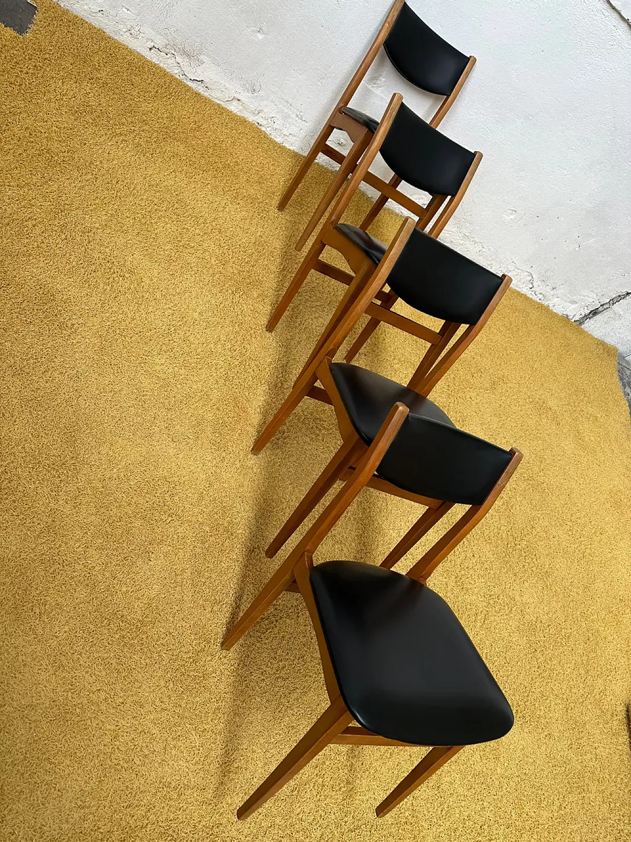4 Scandinavian chairs in teak and black imitation leather,20th century 5