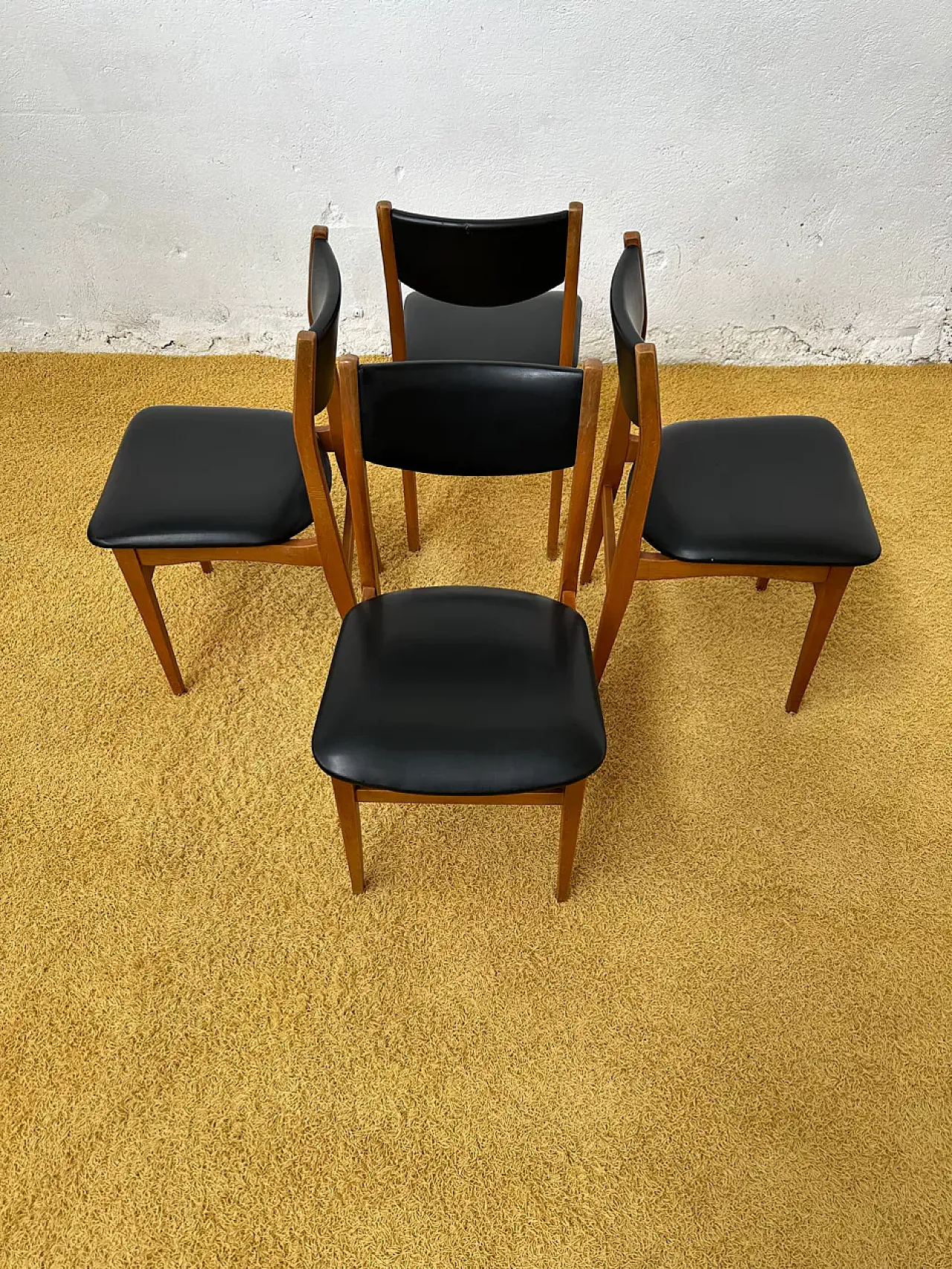 4 Scandinavian chairs in teak and black imitation leather,20th century 6