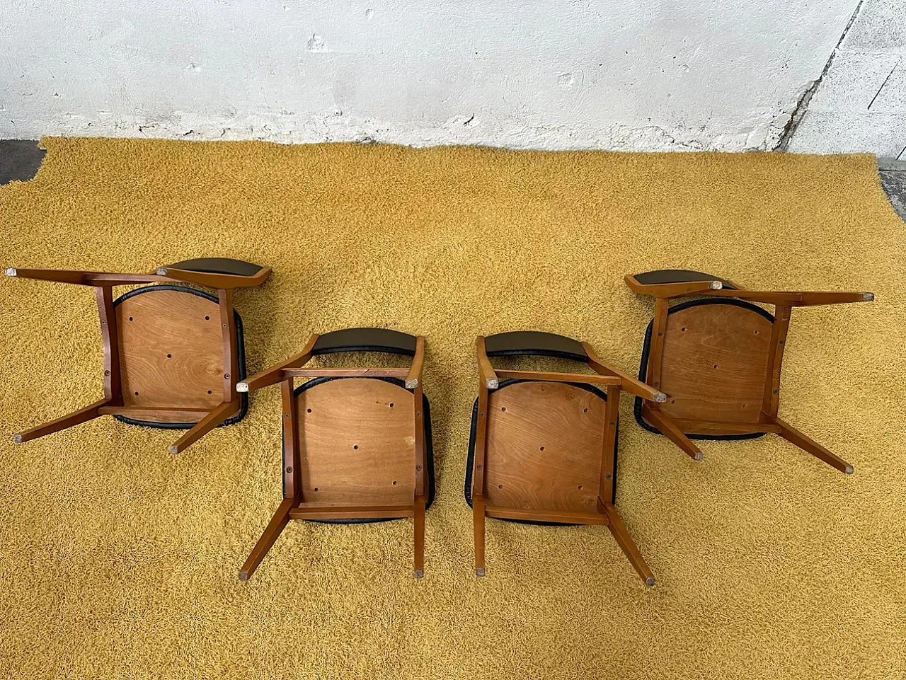 4 Scandinavian chairs in teak and black imitation leather,20th century 7